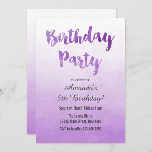 グラデーションな紫色の水彩画の誕生日の招待状 招待状 (正面/裏面)