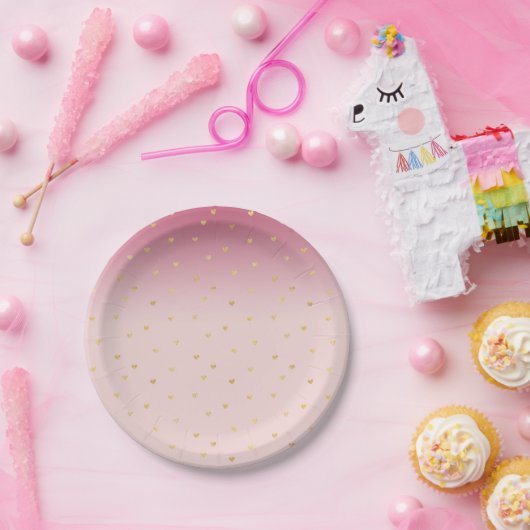 グラデーションな金ゴールドのハートの赤面のピンク ペーパープレート (パーティー)