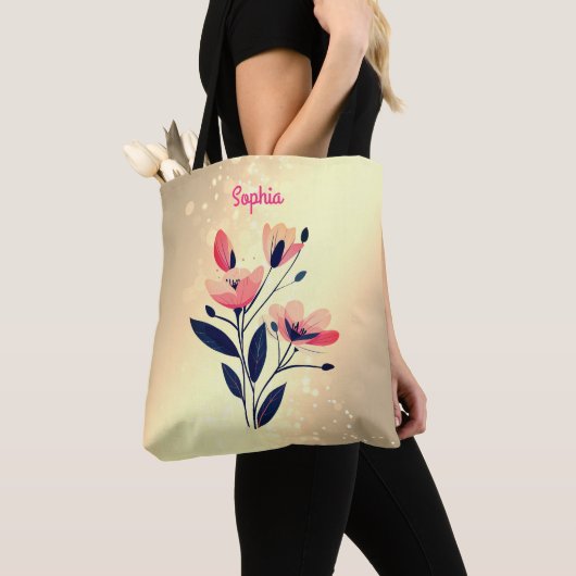 グラデーションの花と名前金ゴールド トートバッグ (クローズアップ)