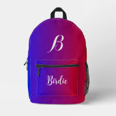 グラデーションの青と赤の色(イニシャル文字の名前) プリントバックパック (正面)