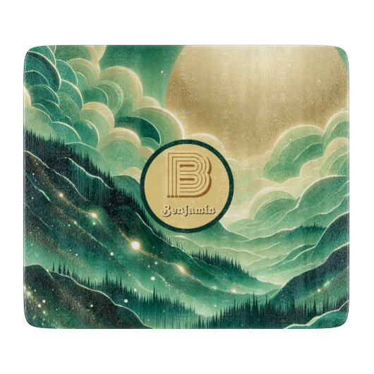 グラデーションエメラルドケリーグリーングリッター モノグラムの カッティングボード (正面)