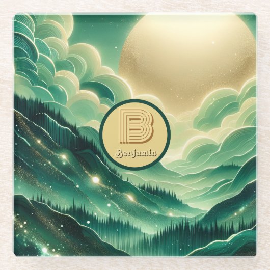 グラデーションエメラルドケリーグリーングリッター モノグラムの ガラスコースター (正面)