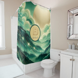 グラデーションエメラルドケリーグリーングリッター モノグラムの シャワーカーテン