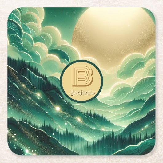 グラデーションエメラルドケリーグリーングリッター モノグラムの スクエアペーパーコースター (正面)