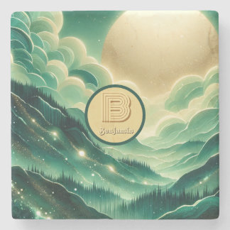 グラデーションエメラルドケリーグリーングリッター モノグラムの ストーンコースター