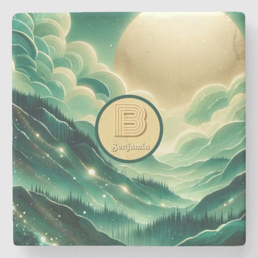 グラデーションエメラルドケリーグリーングリッター モノグラムの ストーンコースター (正面)