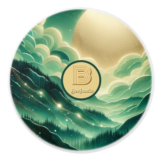 グラデーションエメラルドケリーグリーングリッター モノグラムの セラミックノブ (正面)