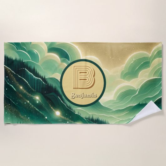 グラデーションエメラルドケリーグリーングリッター モノグラムの ビーチタオル (正面)