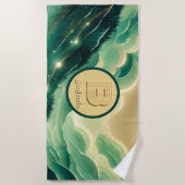 グラデーションエメラルドケリーグリーングリッター モノグラムの ビーチタオル (正面)