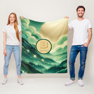 グラデーションエメラルドケリーグリーングリッター モノグラムの フリースブランケット