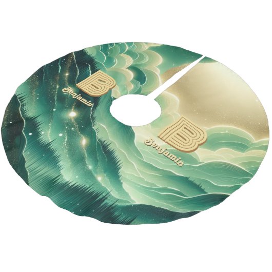 グラデーションエメラルドケリーグリーングリッター モノグラムの ブラッシュドポリエステルツリースカート (アングル)