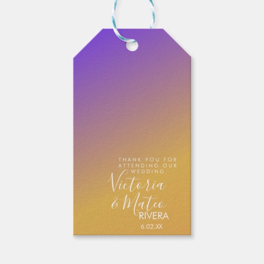 グラデーショングラデーション紫の黄色の結婚夕日 ギフトタグ (正面)
