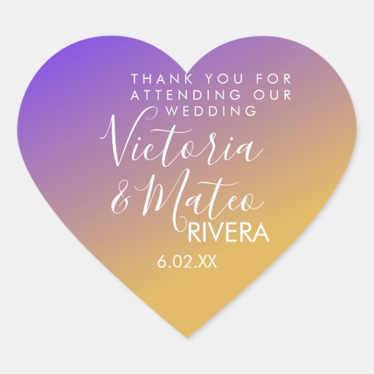 グラデーショングラデーション紫の黄色の結婚夕日 ハートシール (正面)