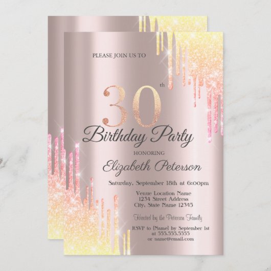 グラデーショングリッタードリップス30歳の誕生日パーティー 招待状 (正面/裏面)