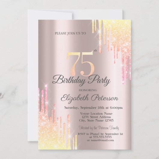 グラデーショングリッタードリップス75thバースデーパーティー 招待状 (正面)