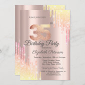 グラデーショングリッタードリップバラ金ゴールド35th誕生日パーティー 招待状 (正面/裏面)