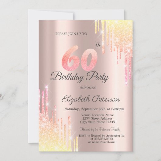 グラデーショングリッタードリップバラ金ゴールド60th誕生日パーティー 招待状 (正面)