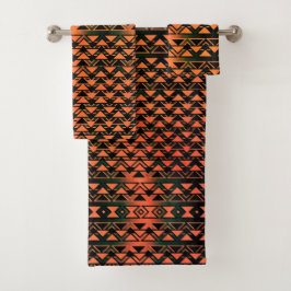 グラデーションセピア上のジグザグ三角形、オレンジ色のサーモン バスタオルセット