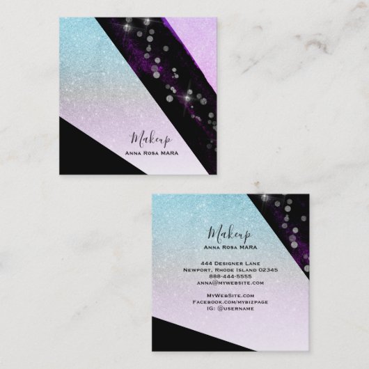 *~グラデーションティール(緑がかった色)ピンクグリッターシック幾何ガーリー図形 スクエア名刺 (正面/裏面)