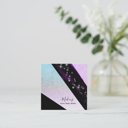 *~グラデーションティール(緑がかった色)ピンクグリッターシック幾何ガーリー図形 スクエア名刺 (スタンド正面)
