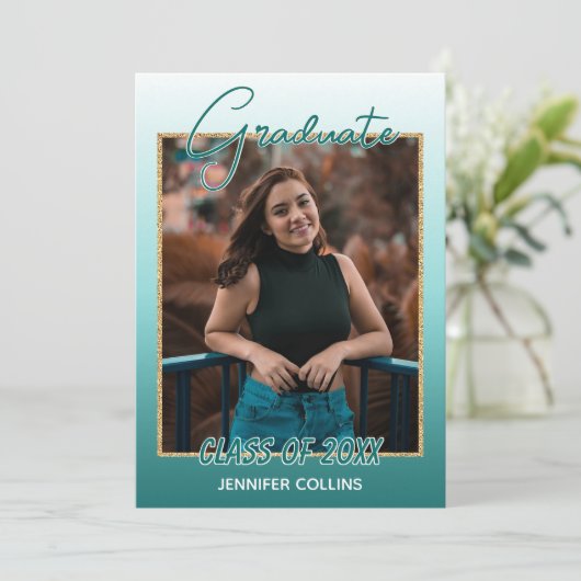 グラデーションティール(緑がかった色)ブルーグリーン金ゴールドグリッター卒業 案内状 (スタンド正面)