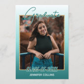 グラデーションティール(緑がかった色)ブルーグリーン金ゴールドグリッター卒業 案内状 (正面)