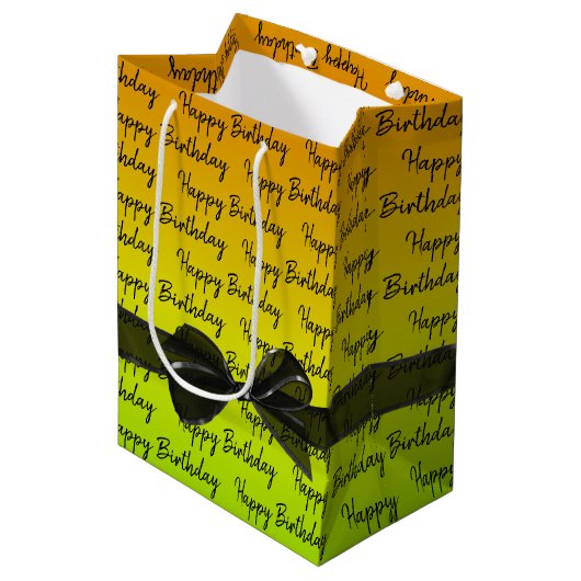 グラデーションハッピーバースデー(黒い弓) ミディアムペーパーバッグ (正面アングル)