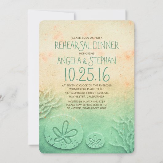 グラデーションビーチリハーサルディナー-ティール(緑がかった色)とドル 招待状 (正面)
