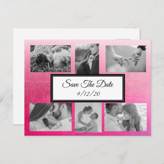 グラデーションピンク写真の日付はがきを保存 案内ポストカード (正面/裏面)