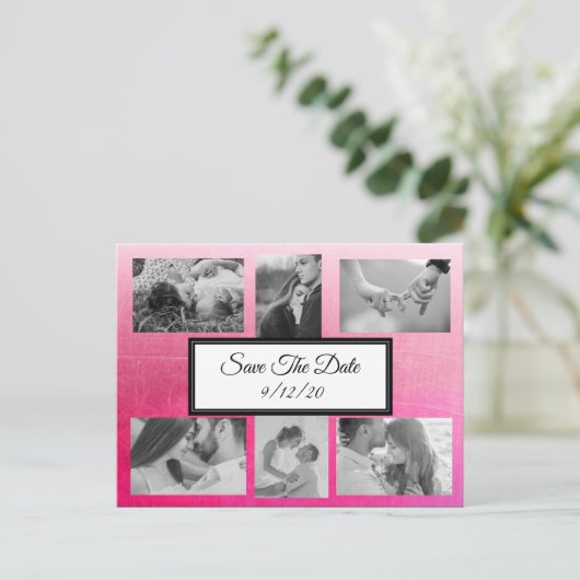 グラデーションピンク写真の日付はがきを保存 案内ポストカード (スタンド正面)