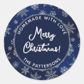 グラデーションブルーのクリスマススノーフレーク ラウンドシール (正面)