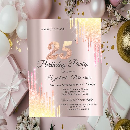 グラデーションラメしずく 25歳の誕生日パーティー 招待状