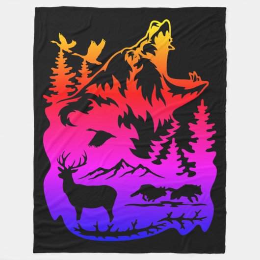 グラデーション付き野生生物のシルエ鮮やかット フリースブランケット (正面)