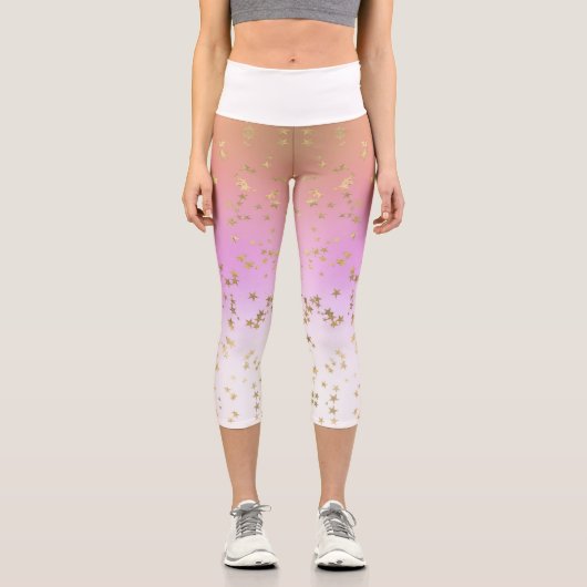 グラデーション桃の紫の白い金ゴールド星模様 カプリレギンス (正面)