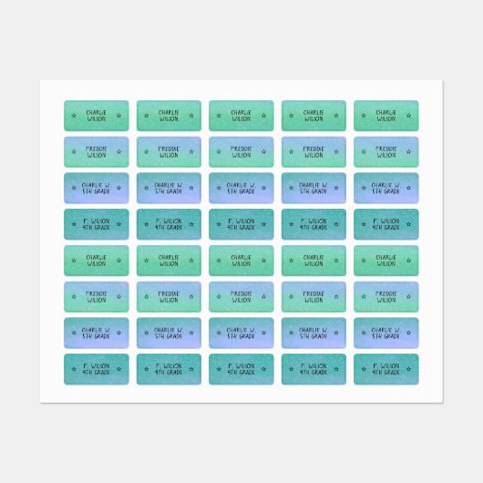 グラデーション緑の青の色分けされた星名衣類 ラベル (シート)