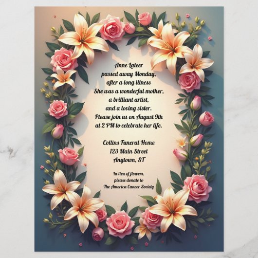 グラデーション背景の美しい花メモリアル レターヘッド (正面)