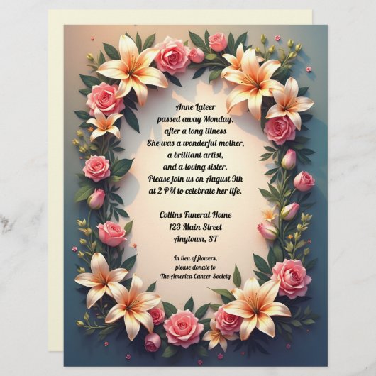 グラデーション背景の美しい花メモリアル レターヘッド (正面/裏面)