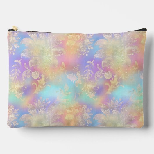 グラデーション虹のパターンと金ゴールドの花色 アクセサリーポーチ (正面)