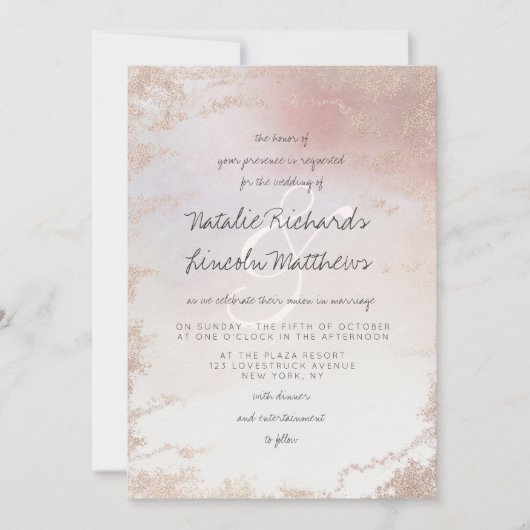 グラデーション赤面ピンクフロステッド箔ウォーター結婚カラー 招待状 (正面)