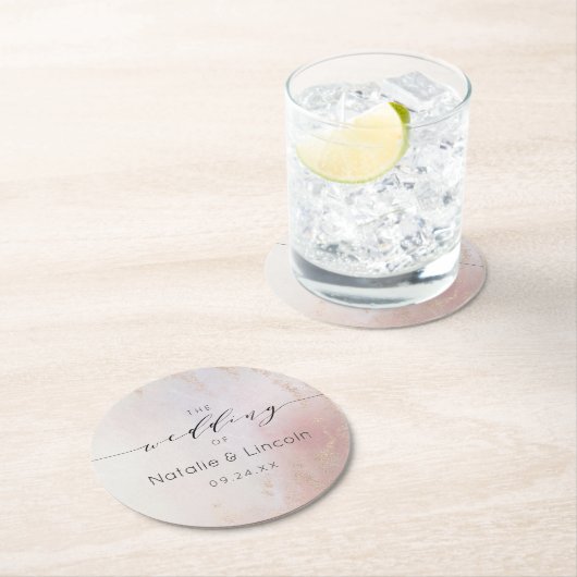 グラデーション赤面ピンク艶消し箔水彩モノグラム ラウンドペーパーコースター (インサイチュ)