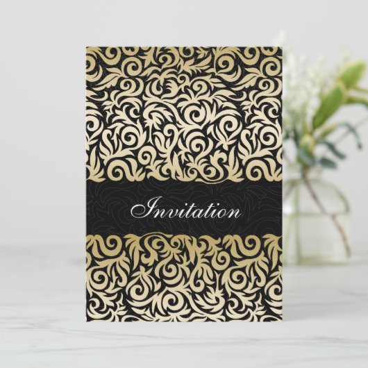 グラデーション金ゴールドと黒の渦巻き縁ど結婚型 招待状 (スタンド正面)