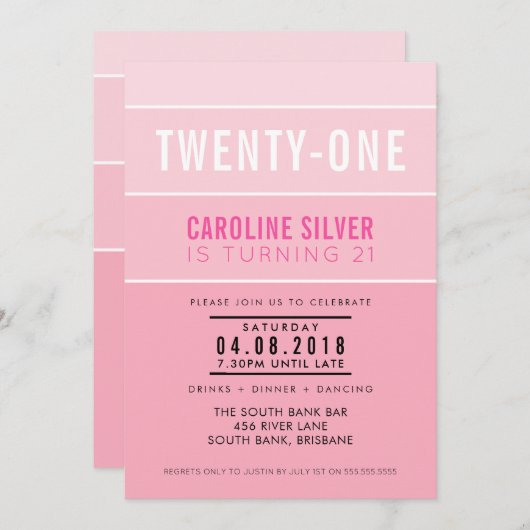 グラデーション21ストライプST誕生日パーティー招待状シックなピンク 招待状 (正面/裏面)