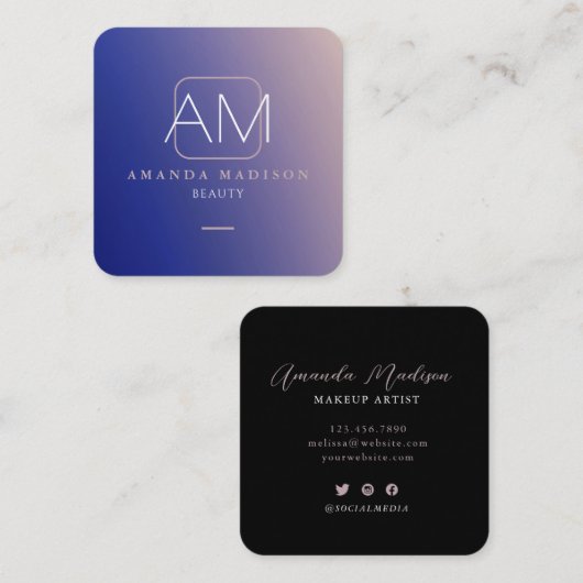 グラデ素晴らしフェイクィエントブルーとバラ金ゴールドモノグラム スクエア名刺 (正面/裏面)