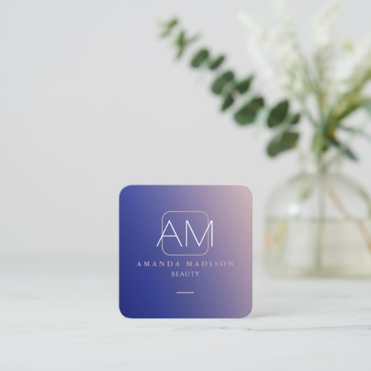グラデ素晴らしフェイクィエントブルーとバラ金ゴールドモノグラム スクエア名刺 (スタンド正面)