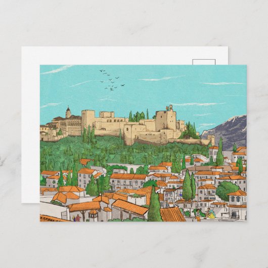 グラナダシティビュースペインランドスケープイラストレーション ポストカード (正面/裏面)