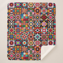 グラニースクウェアズクロチェットパターンブランケットプリント シェルパブランケット