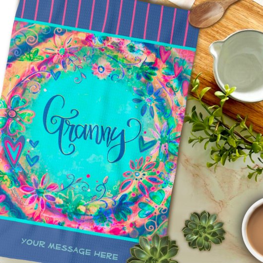 グラニーブルーかわいらしフローラパーソナライズされたハート キッチンタオル