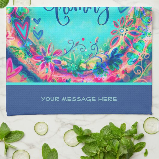 グラニーブルーかわいらしフローラパーソナライズされたハート キッチンタオル (折り畳み)