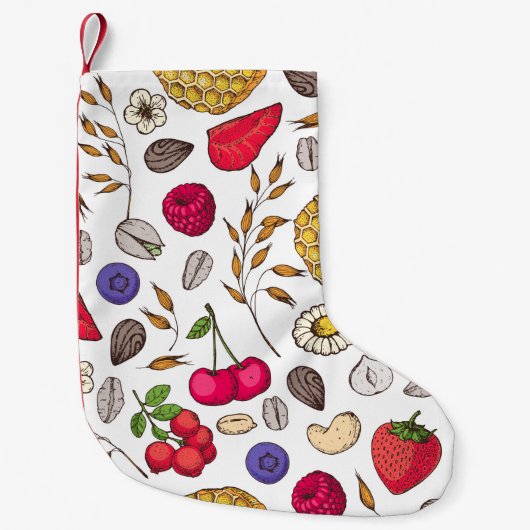 グラノーラ、ムースリのシームレスパターン。薄片の手 スモールクリスマスストッキング (正面)