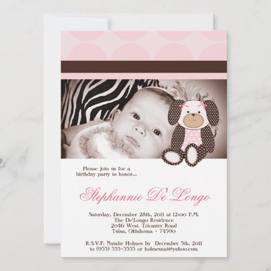 グラハムクラッカーズガールピンクドッグ誕生日招待状 招待状 (正面)
